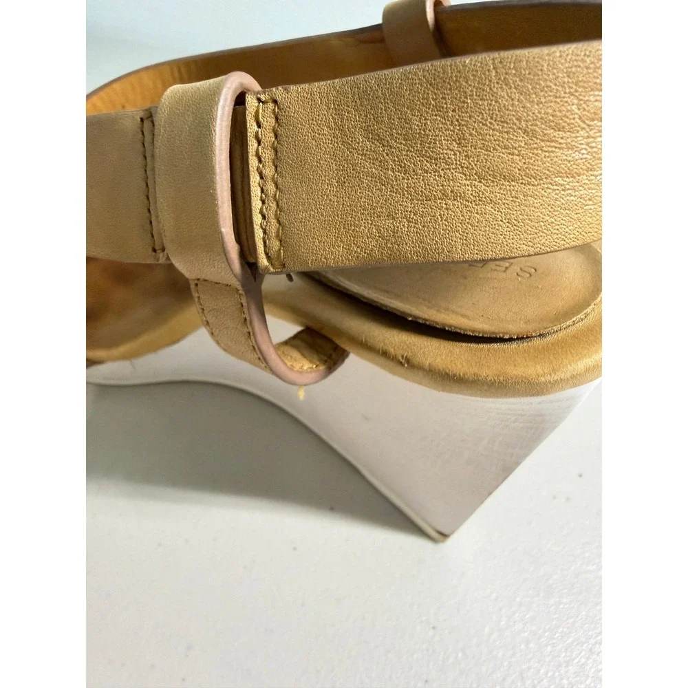 See by Chloe Leather Suede Colorblock Wedge Sandals Tan Black White 40 10